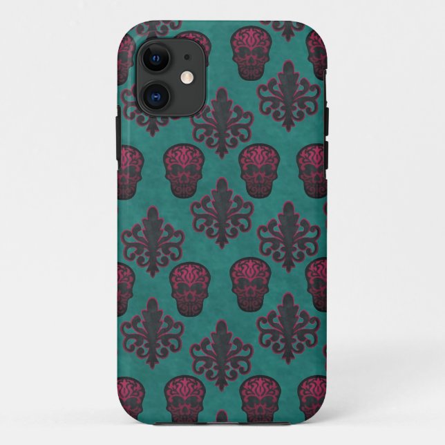 FUNDA DE Case-Mate PARA iPhone CRÁNEO DAMASCO ROSA FUCSIA SOBRE TURQUESA (Reverso)
