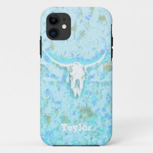 Funda Para iPhone 11 Cráneo de Cow Verde azulado Floral Azul Floral Co