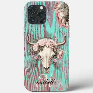 Funda Para iPhone 13 Pro Max Cráneo de vaca floral rústico madera de granero