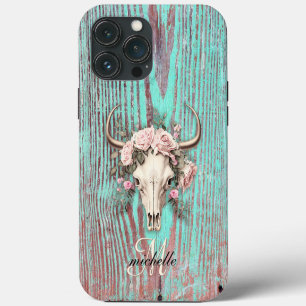 Funda Para iPhone 13 Pro Max Cráneo de vaca floral rústico madera de granero