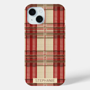 Funda Para iPhone 15 Crema Rojo Marrón Acogedor Tejido Tartán Cuadros