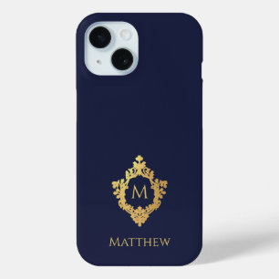 Funda Para iPhone 15 Crest Azul Marino Dorado Nombre Monograma Vintage