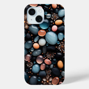 Funda Para iPhone 15 Cristales Oscuros de Lujo y Flores Doradas Estétic