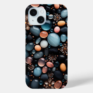 Funda Para iPhone 15 Cristales Oscuros de Lujo y Flores Doradas Estétic