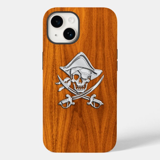 Funda De Case-Mate Para iPhone Crossbone pirata cromado en madera de teca (Reverso )