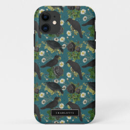 Funda Para iPhone 11 Crows de gótico y Rosas negros Patrón Verde azulad