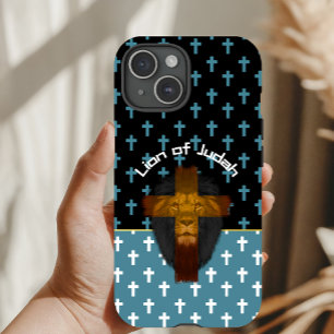 Funda Para iPhone 15 Cruz Blanca Azul Negra Inspiradora León de Judá