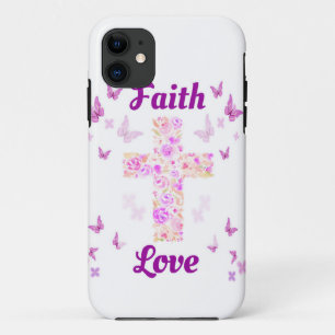 Funda Para iPhone 11 Cruz de Fe y Amor de Rosas con Butterflie Rosa
