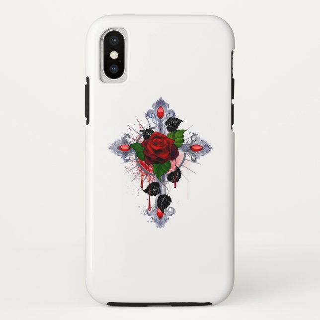 Funda De Case-Mate Para iPhone Cruz de Plata con una Rosa Roja (Reverso)