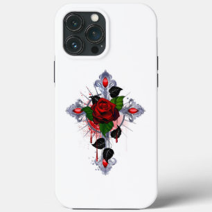 Funda Para iPhone 13 Pro Max Cruz de Plata con una Rosa Roja