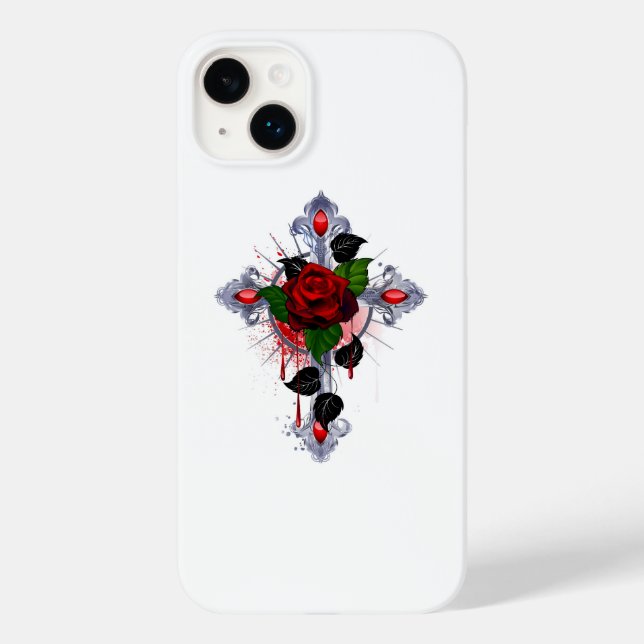Funda De Case-Mate Para iPhone Cruz de Plata con una Rosa Roja (Reverso )