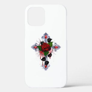 Funda Para iPhone 12 Pro Cruz de Plata con una Rosa Roja