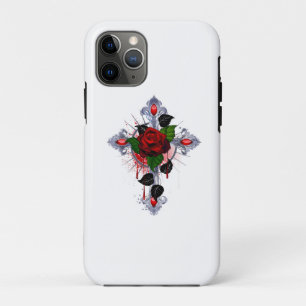 Funda Para iPhone 11 Pro Cruz de Plata con una Rosa Roja