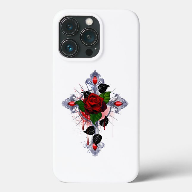 Funda De Case-Mate Para iPhone Cruz de Plata con una Rosa Roja (Reverso )
