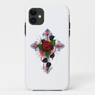 Funda Para iPhone 11 Cruz de Plata con una Rosa Roja