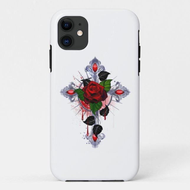 Funda De Case-Mate Para iPhone Cruz de Plata con una Rosa Roja (Reverso)