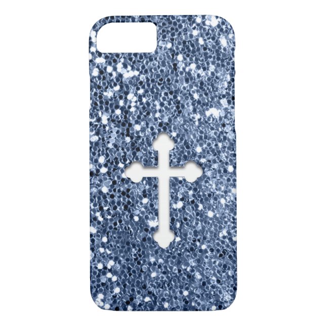 Funda De Case-Mate Para iPhone Cruz en blanco en mirada azul del purpurina (Reverso)