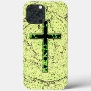 FUNDA PARA iPhone 13 PRO MAX CRUZ NEGRA Y VERDE CON FONDO DE MÁRMOL