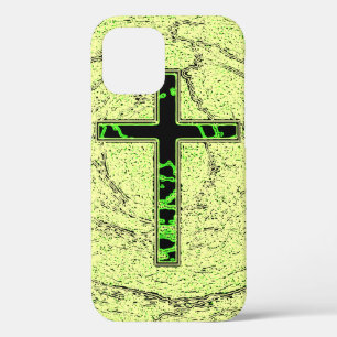 FUNDA PARA iPhone 12 CRUZ NEGRA Y VERDE CON FONDO DE MÁRMOL