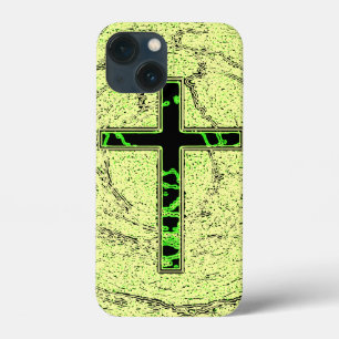 FUNDA PARA iPhone 13 MINI CRUZ NEGRA Y VERDE CON FONDO DE MÁRMOL