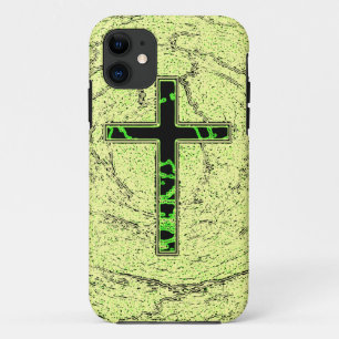 FUNDA PARA iPhone 11 CRUZ NEGRA Y VERDE CON FONDO DE MÁRMOL