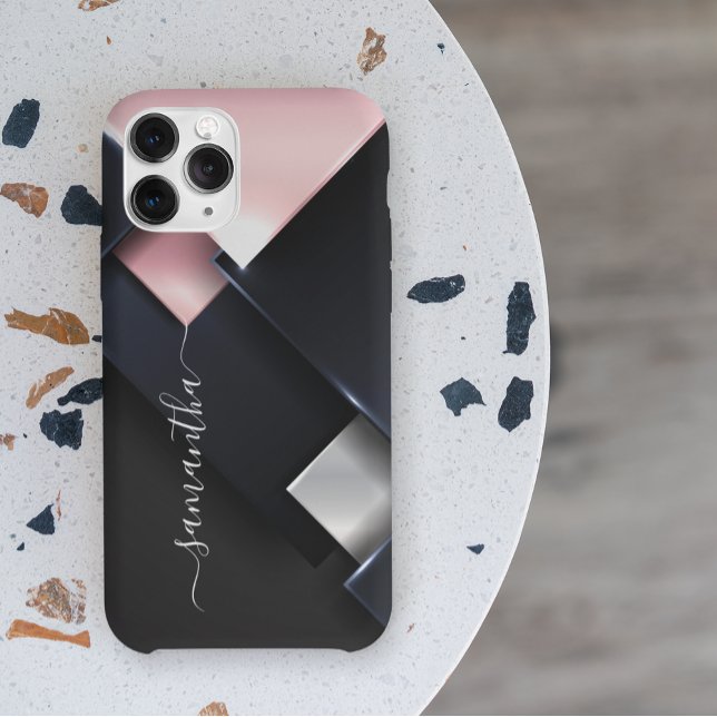 Funda De Case-Mate Para iPhone Cuadrados negros rosados de monograma 3D metalizad (Subido por el creador)