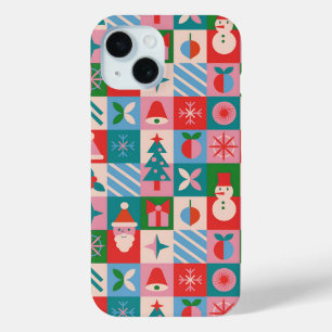 Funda Para iPhone 15 Cuadrícula Colorida con Tema de Navidad de Iconos 