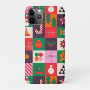 Funda Para iPhone 11 Pro Cuadrícula Colorida con Tema de Navidad de Iconos 