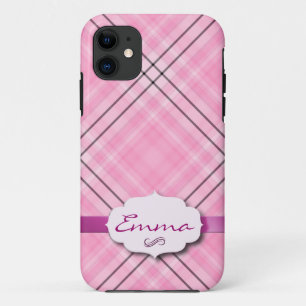 Funda Para iPhone 11 Cuadrillé Rosa Bonito con etiqueta de nombre