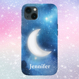 Funda Para iPhone 13 Cuarto de luna contra cielo azul mágico con nombre