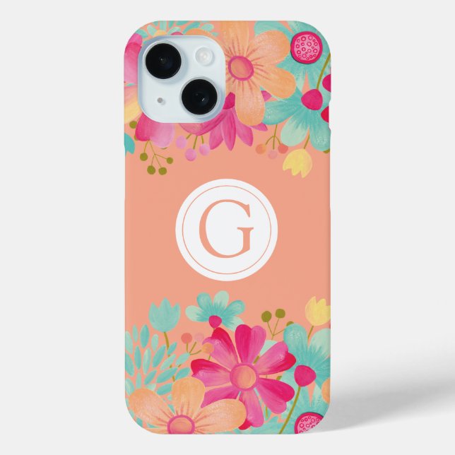 Funda De Case-Mate Para iPhone Cubierta personalizada de monograma floral pintado (Reverso )