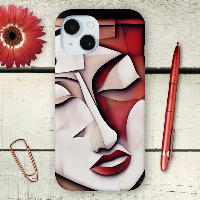 Funda De Case-Mate Para iPhone Cubismo Arte Contemporáneo Resumen Estuche de telé (Phone case featuring an abstract stylish design in cubism style showing a woman's face in red/ivory)
