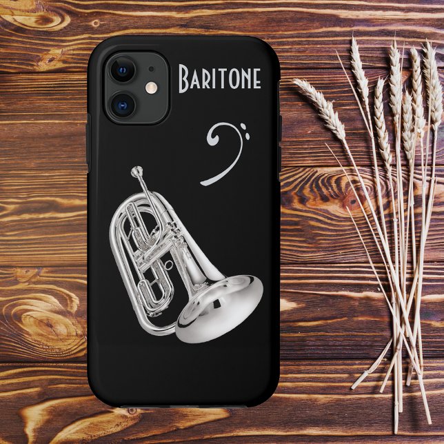 Funda De Case-Mate Para iPhone Cuerno de Baritone en Plata (Baritone Horn in Silver with Custom Text Line Phone Case)