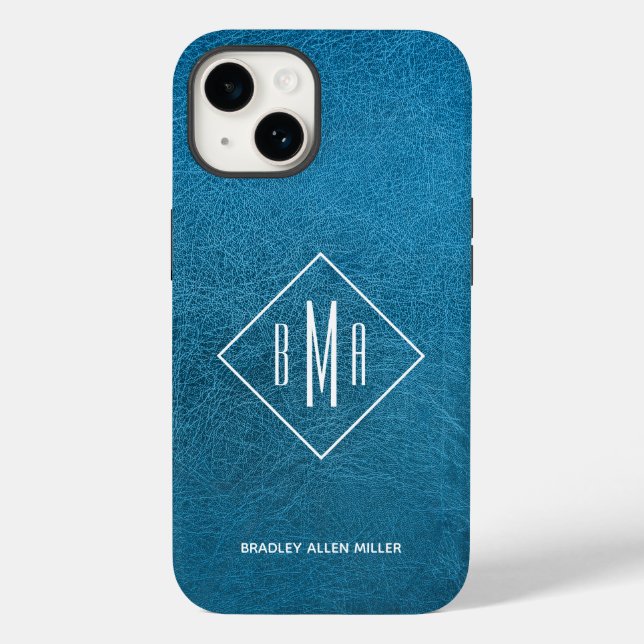 Funda De Case-Mate Para iPhone Cuero azul monograma (Reverso )