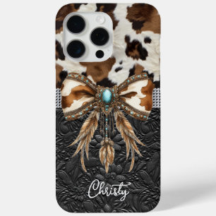 Funda Para iPhone 15 Pro Max Cuero de vaca Cuero negro Joyas Lazo