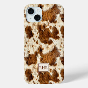 Funda Para iPhone 15 Mini Cuero de Vaca Marrón Pecoso con Monograma