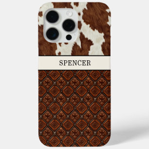 Funda Para iPhone 15 Pro Max Cuero de vaca marrón y cuero monogramado