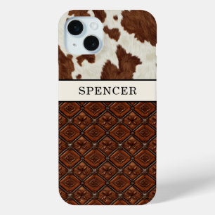 Funda Para iPhone 15 Mini Cuero de vaca marrón y cuero monogramado
