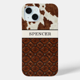 Funda Para iPhone 15 Cuero de vaca marrón y cuero monogramado