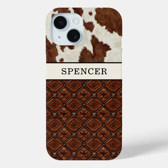 Funda De Case-Mate Para iPhone Cuero de vaca marrón y cuero monogramado (Reverso )