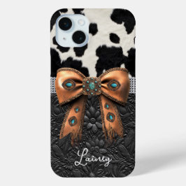 Funda Para iPhone 15 Mini Cuero de vaca negro y blanco con lazo con joyas