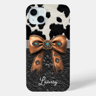 Funda Para iPhone 15 Mini Cuero de vaca negro y blanco con lazo con joyas