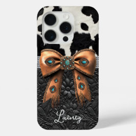 Funda Para iPhone 15 Pro Cuero de vaca negro y blanco con lazo con joyas