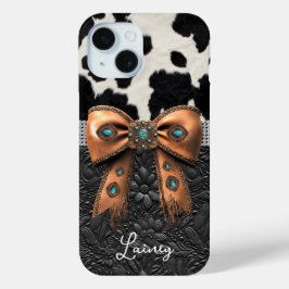 Funda Para iPhone 15 Cuero de vaca negro y blanco con lazo con joyas