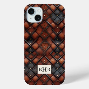 Funda Para iPhone 15 Mini Cuero Diamante Marrón Vintage con Monograma