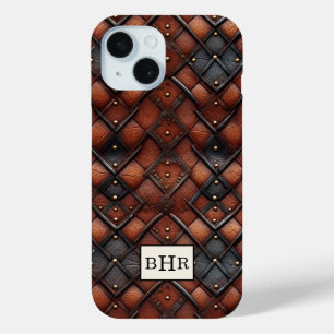 Funda Para iPhone 15 Cuero Diamante Marrón Vintage con Monograma