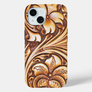 Funda Para iPhone 15 cuero floral del país occidental de la moda de la