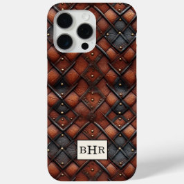 Funda Para iPhone 15 Pro Max Cuero Marrón Antiguo con Monograma Diamante