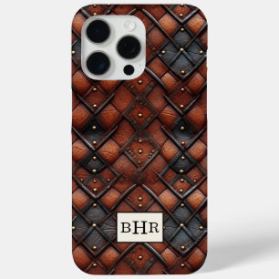 Funda Para iPhone 15 Pro Max Cuero Marrón Antiguo con Monograma Diamante