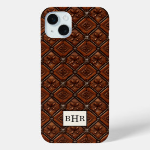 Funda Para iPhone 15 Mini Cuero Marrón con Diamante Monogramado